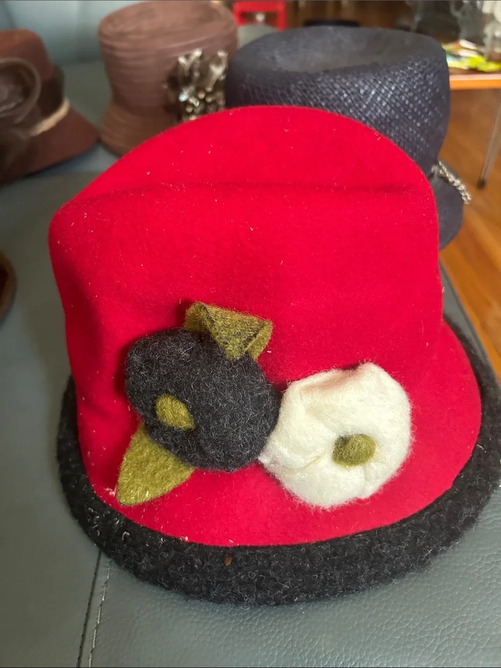 Red Felt Women's Cloche Hat with Floral Accent